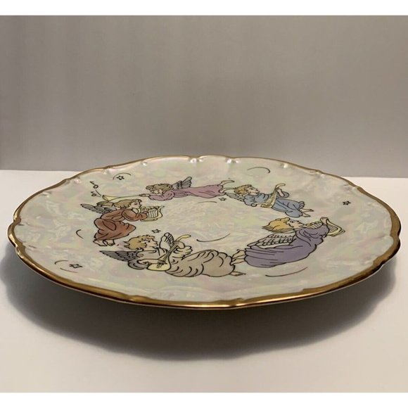 Iridescent White Plate Angels Musical Instruments Gold Trim Artist Signed - Picture 5 of 11